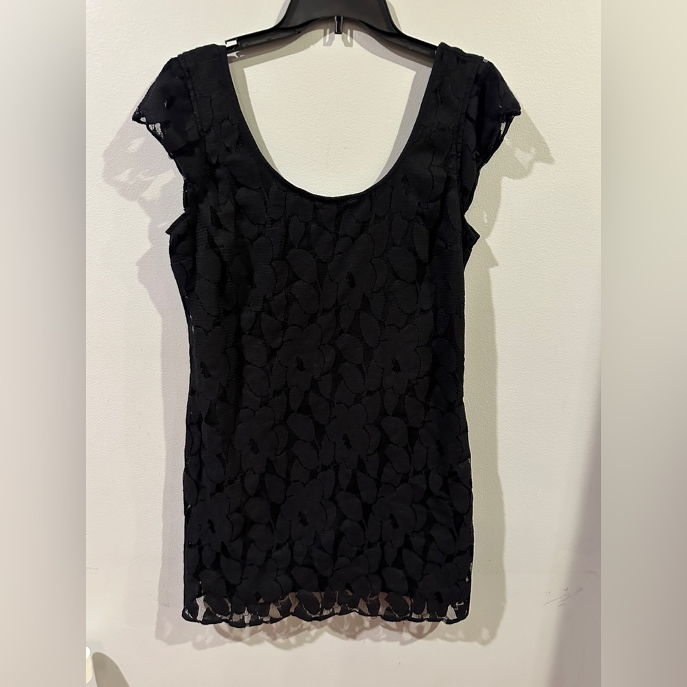 American Eagle Black Textured Floral Mesh Dress L
